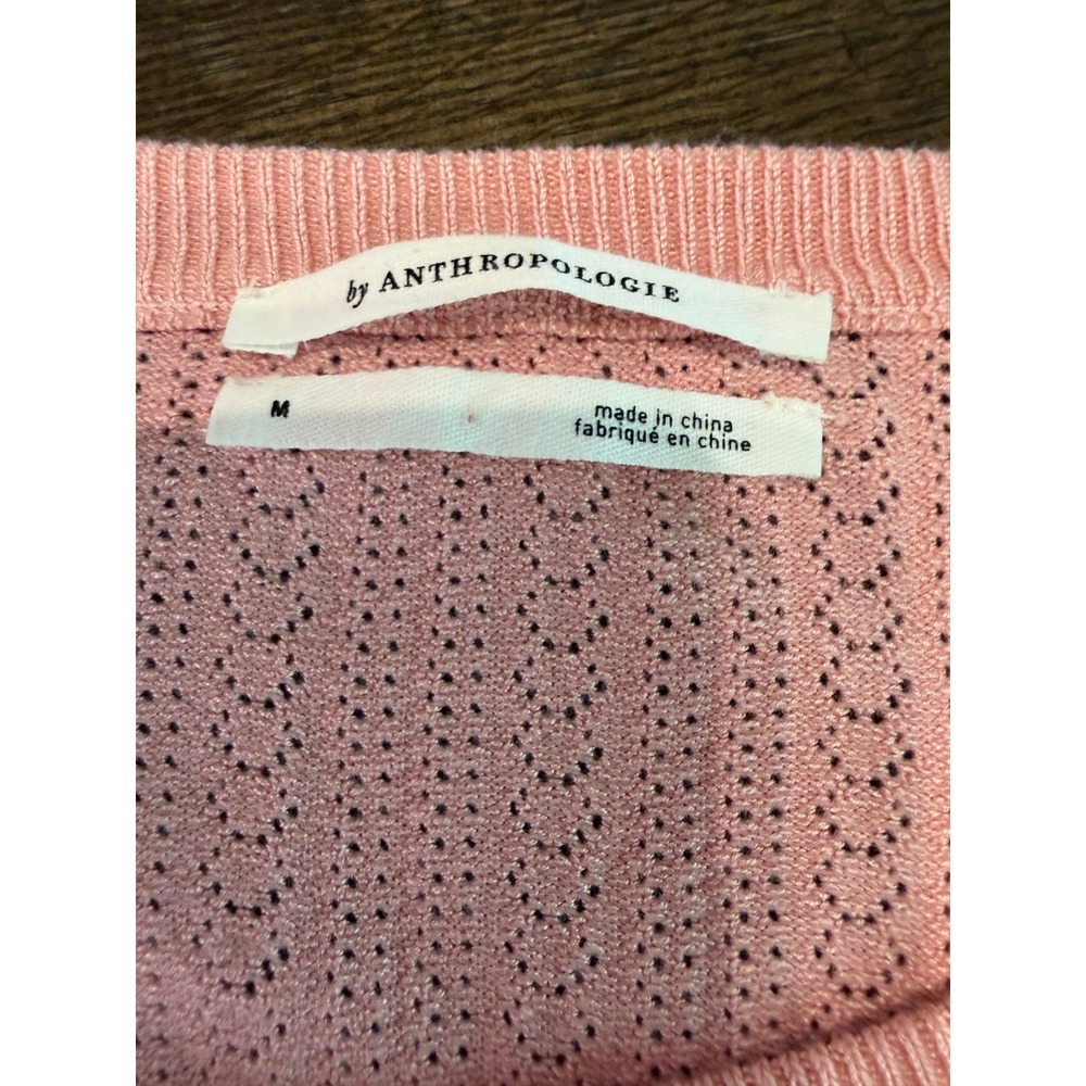 Anthropologie Pink Ruffle Sheer Puff Sleeve Pointelle Ribbed Knit Top Medium - Picture 4 of 7